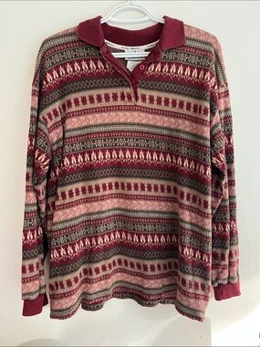 Vintage Northern Reflections Burgundy Patterned V‑Neck Polo thin Sweater